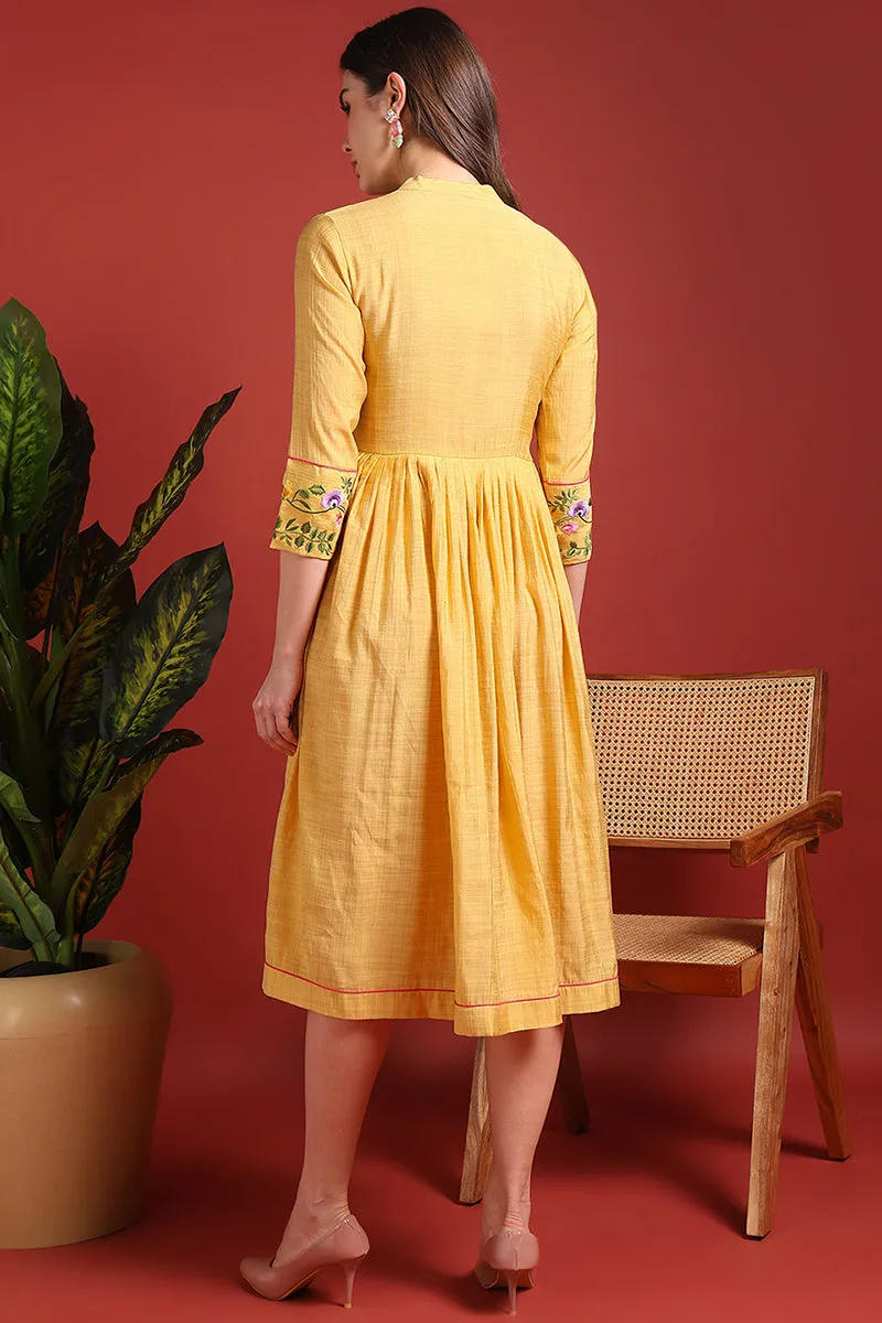 Yellow Silk Blend Embroidered Fit And Flare Dress