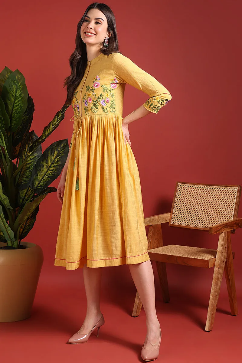 Yellow Silk Blend Embroidered Fit And Flare Dress