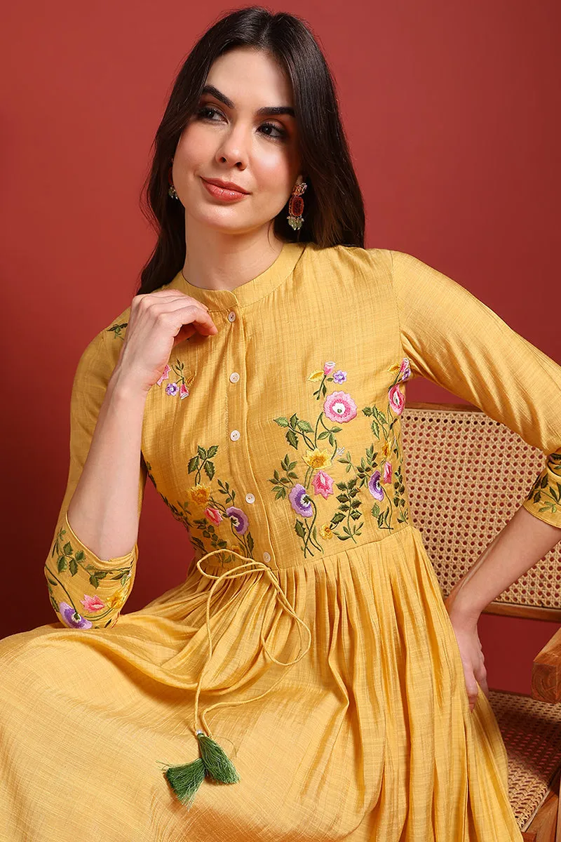 Yellow Silk Blend Embroidered Fit And Flare Dress