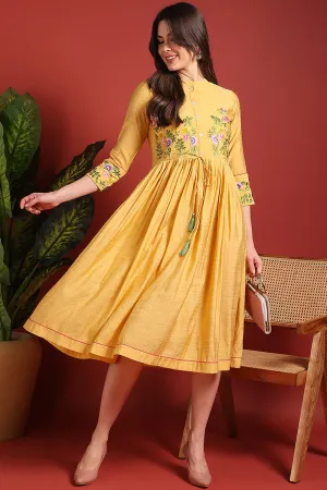 Yellow Silk Blend Embroidered Fit And Flare Dress