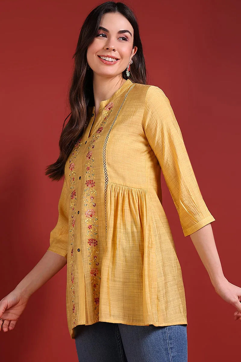 Yellow Silk Blend Embroidered Regular Top
