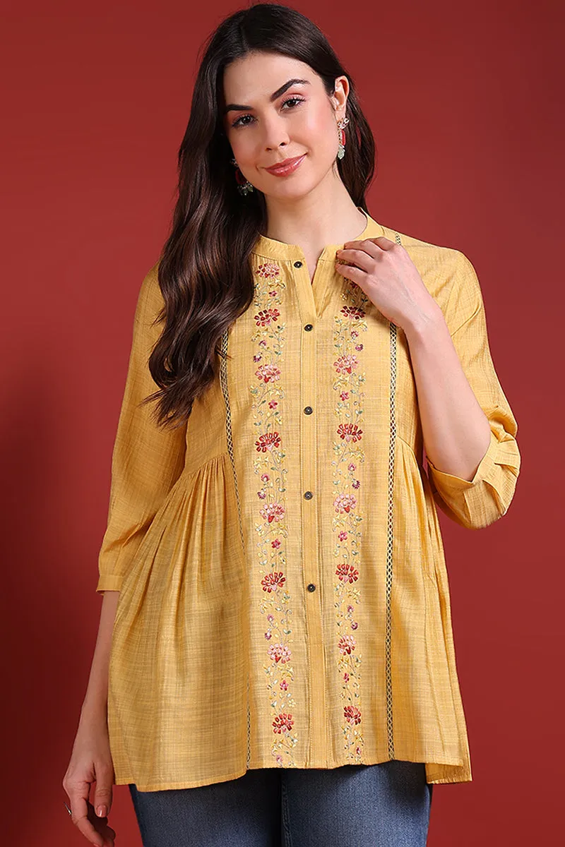 Yellow Silk Blend Embroidered Regular Top