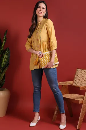 Yellow Silk Blend Embroidered Regular Top