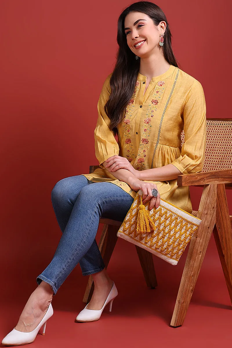 Yellow Silk Blend Embroidered Regular Top