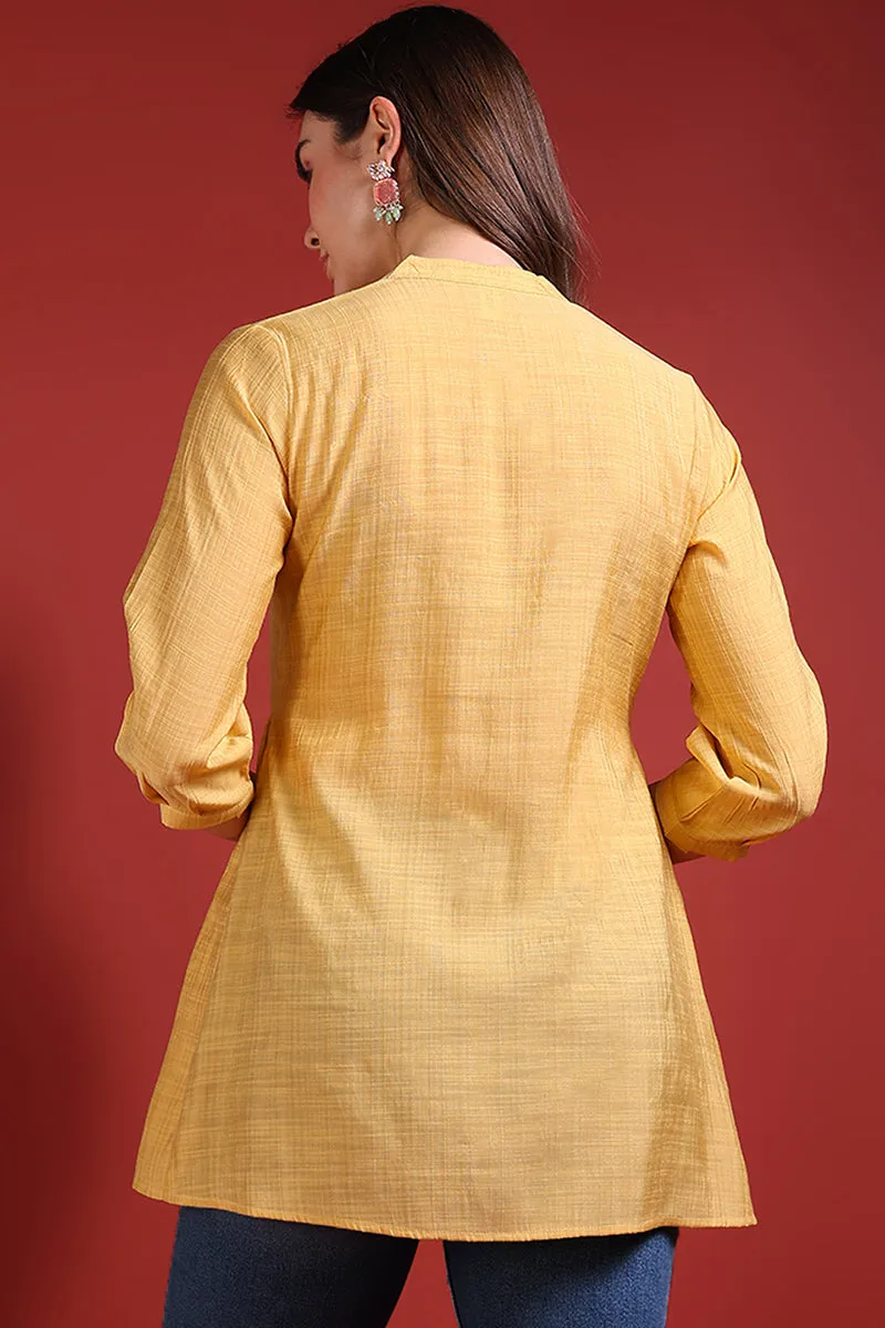 Yellow Silk Blend Embroidered Regular Top