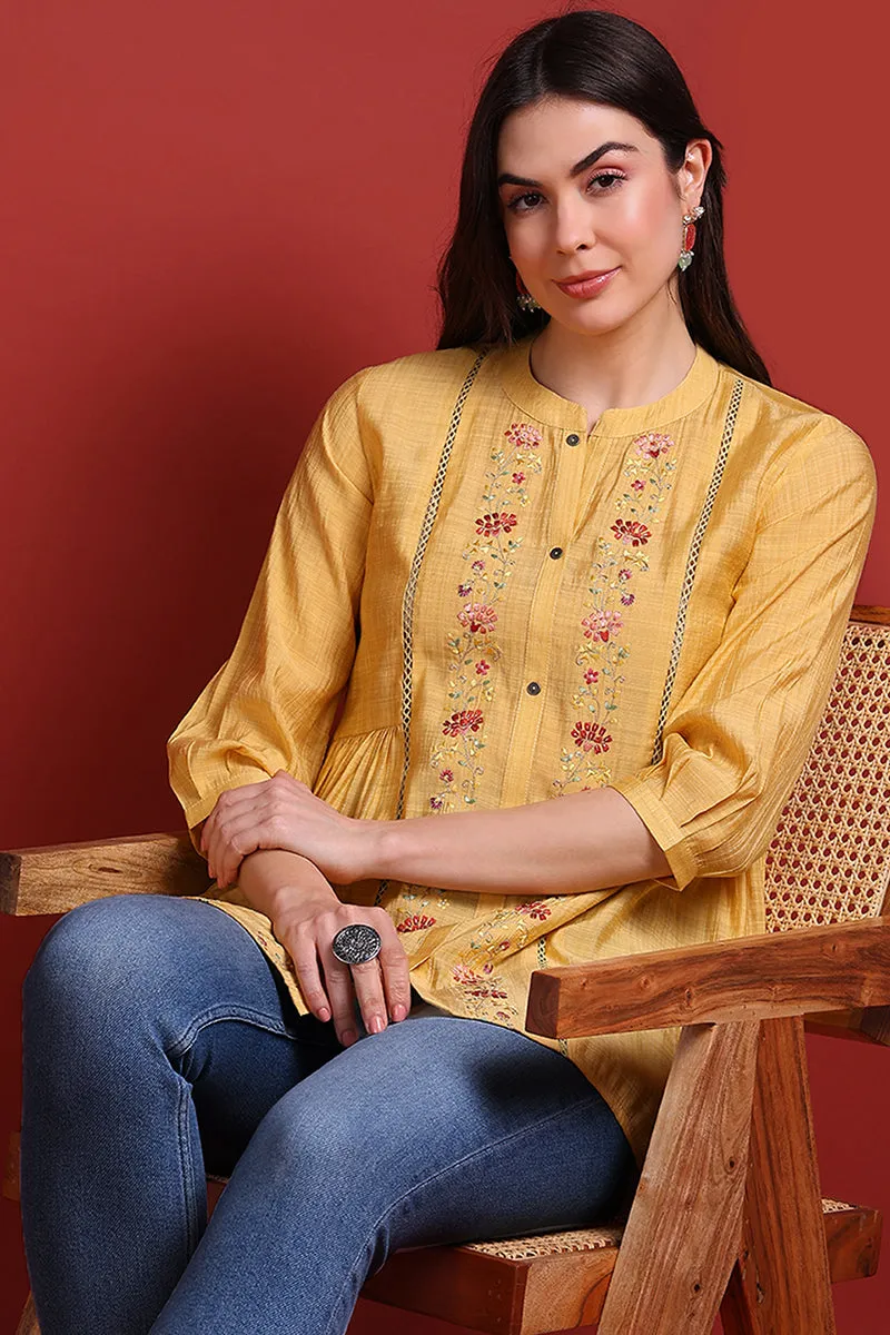 Yellow Silk Blend Embroidered Regular Top